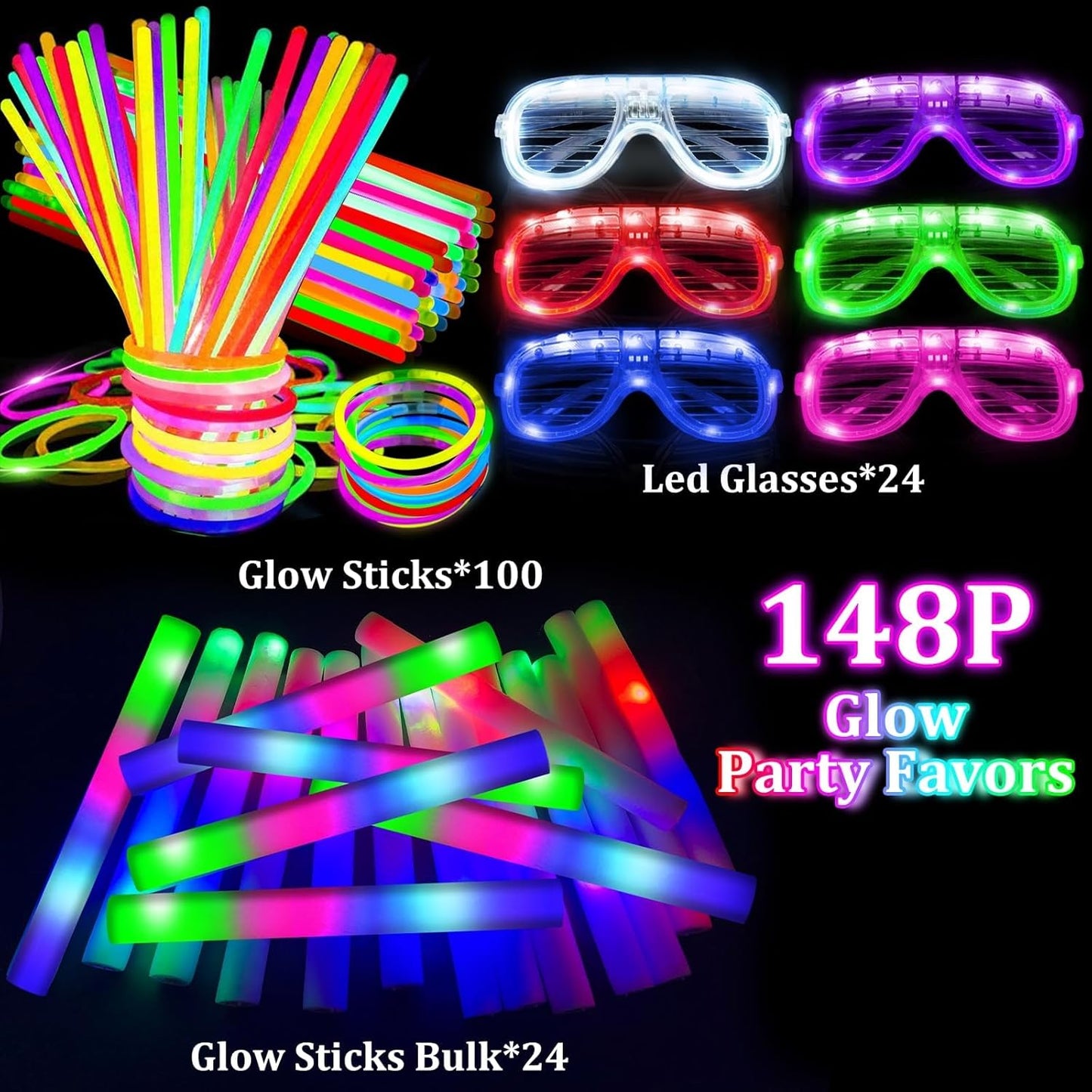 Camlinbo 148 PCS Glow in the Dark Party Supplies- 24 Pcs 16" Foam Glow Sticks, 24 Pcs LED Glasses, 100Pcs Glow Sticks Necklaces Bracelets Light Up Party Favors Pool Party Wedding Concert Halloween