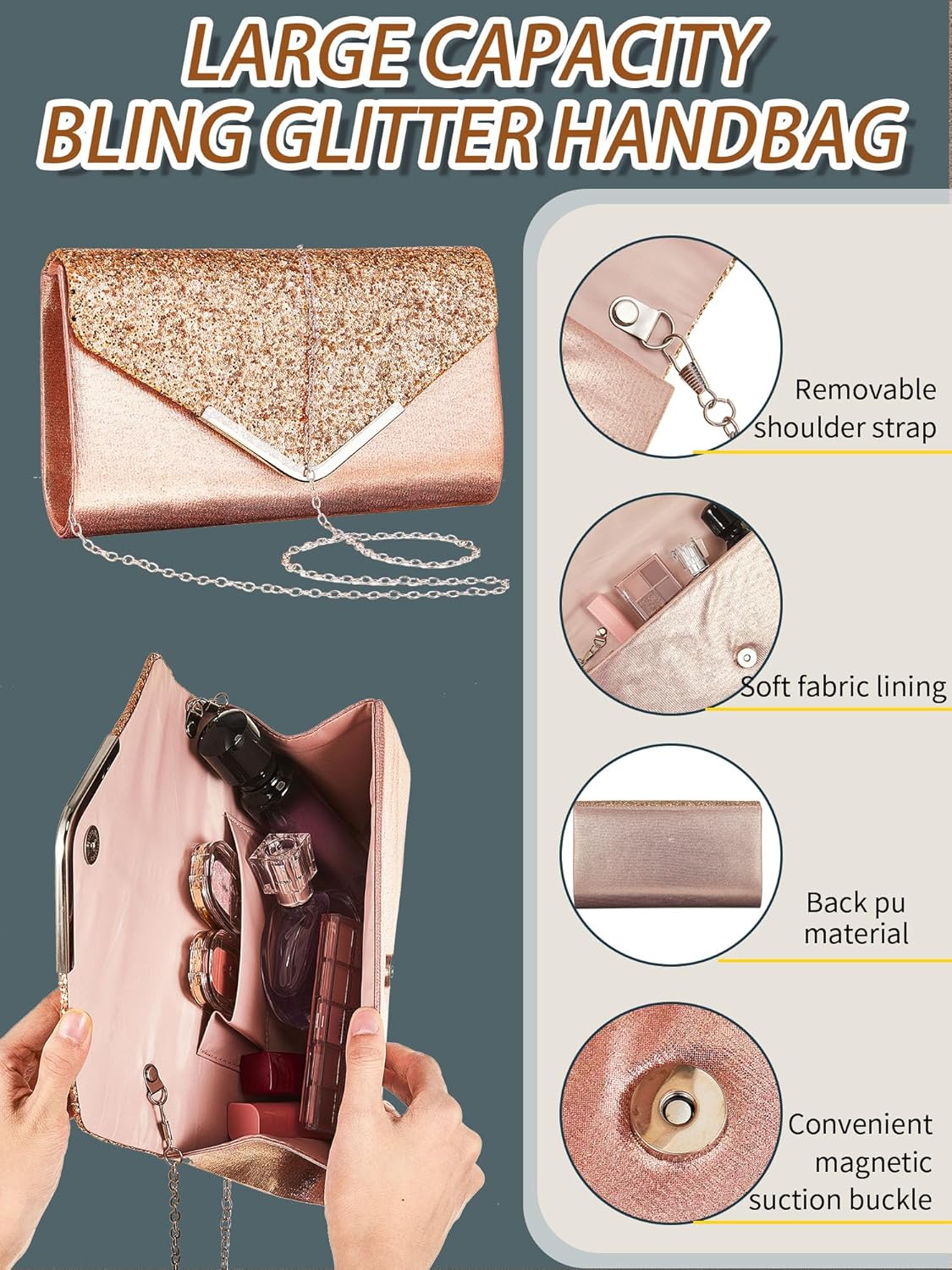 Henoyso 5 Pcs Purse Rhinestone Jewelry Set Prom Jewelry Rhinestone Clutch Purse Necklace Earrings Bracelets for Women Bride