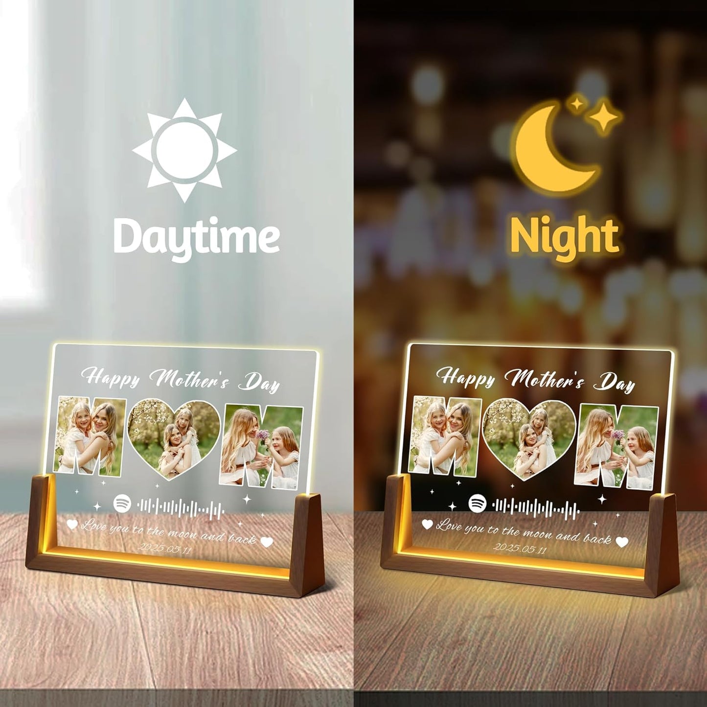 Personalized Mothers Day Birthday Gifts For Mom, Custom Spotify Plaque Mom Gift From Daughter Son Husband, Light Up Picture Frame With Photo Name Customized Christmas Gifts For Women Wife