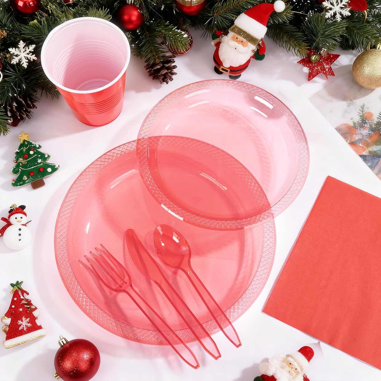 WELLIFE 210Pcs Clear and Red Christmas Plates Set,Red Plastic Plates,Christmas Party Supplies Including disposable Plates, 12OZ Cups, plastic Cutlery and Napkins Serve 30 Guests