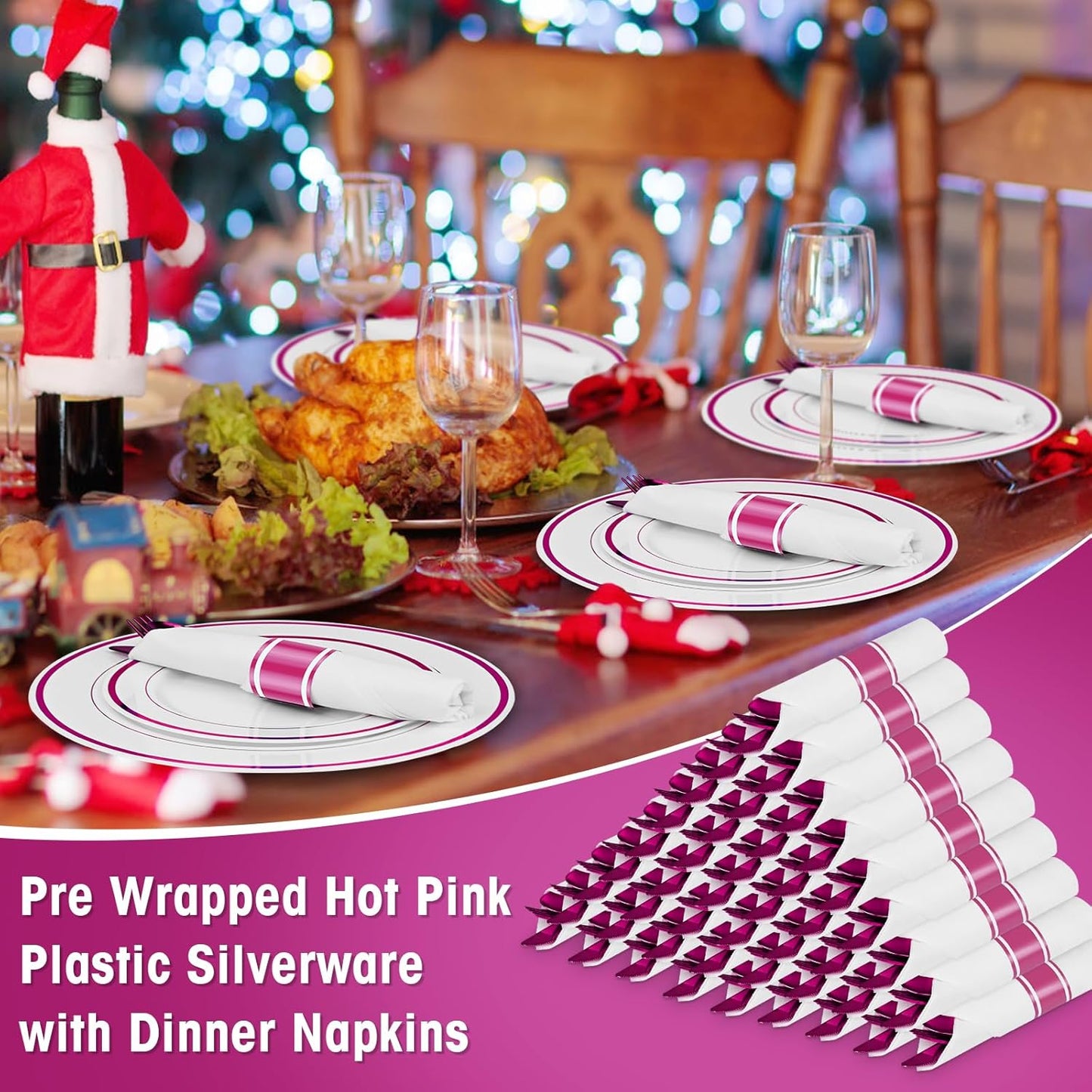 30Pack Pre Rolled Hot Pink Plastic Silverware - Wrapped Hot Pink Disposable Cutlery with Napkins, Pre Rolled Plastic Silverware Set, Disposable Christmas Silverware with Dinner Napkins for Party
