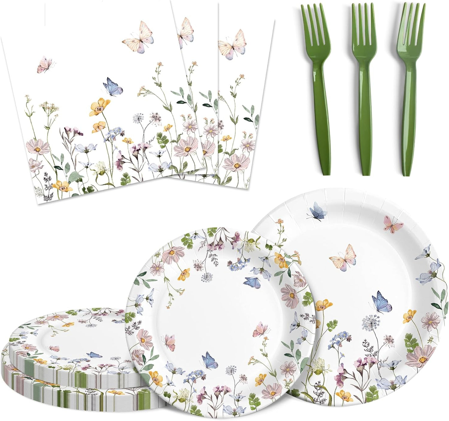 Audree 96 Pcs Wildflower Party Supplies, 24 set Disposable Paper Plates and Napkins for Party Baby Shower, Wedding, Birthday, Perfect for Guests Set Dinner and Dessert Plates, Napkins, Plastic Forks