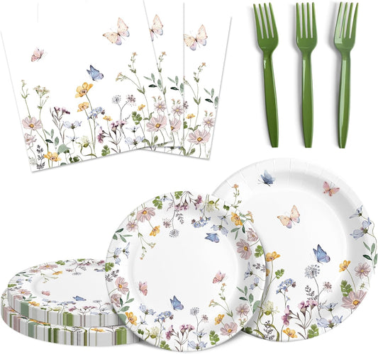 Audree 96 Pcs Wildflower Party Supplies, 24 set Disposable Paper Plates and Napkins for Party Baby Shower, Wedding, Birthday, Perfect for Guests Set Dinner and Dessert Plates, Napkins, Plastic Forks