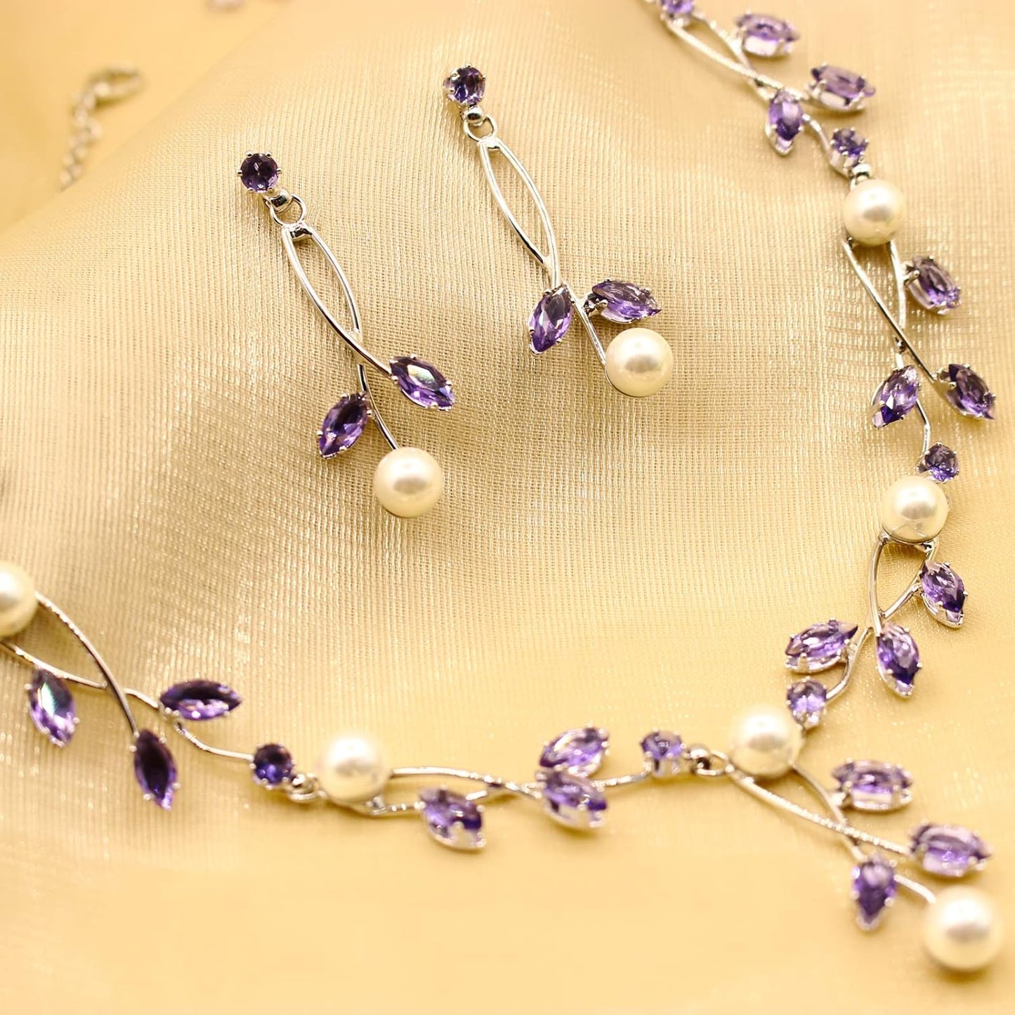 Luxury Cubic Zirconia Aurtrian Crystal Pearl Floral Necklace Dangle Earrings Wedding Bridal Jewelry Set Birthday Gifts for Her