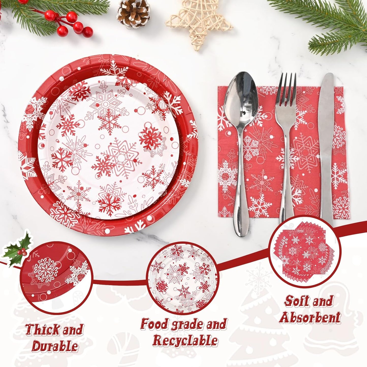 Homlouue 200Pcs Christmas Plates and Napkins Set – Disposable Snowflake Dinnerware with 50 Dinner & 50 Dessert Plate, Christmas Paper Plates and Napkins for Holiday Parties Decor