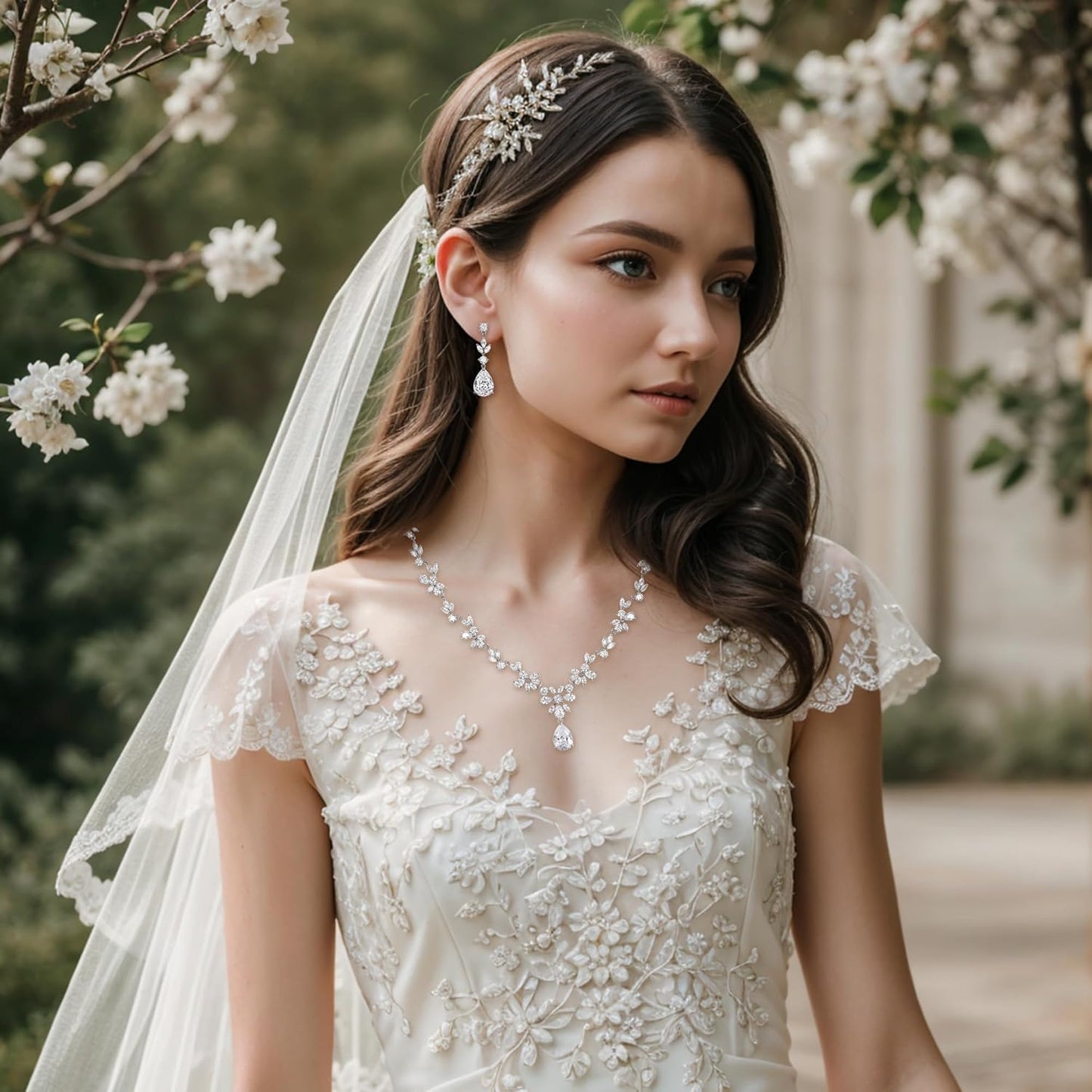 BriLove Gorgeous Wedding Jewelry Set for Women Bridal Cubic Zirconia Marquise Teardrop Leaf Cluster Y-Necklace Dangle Earrings Link Bracelet