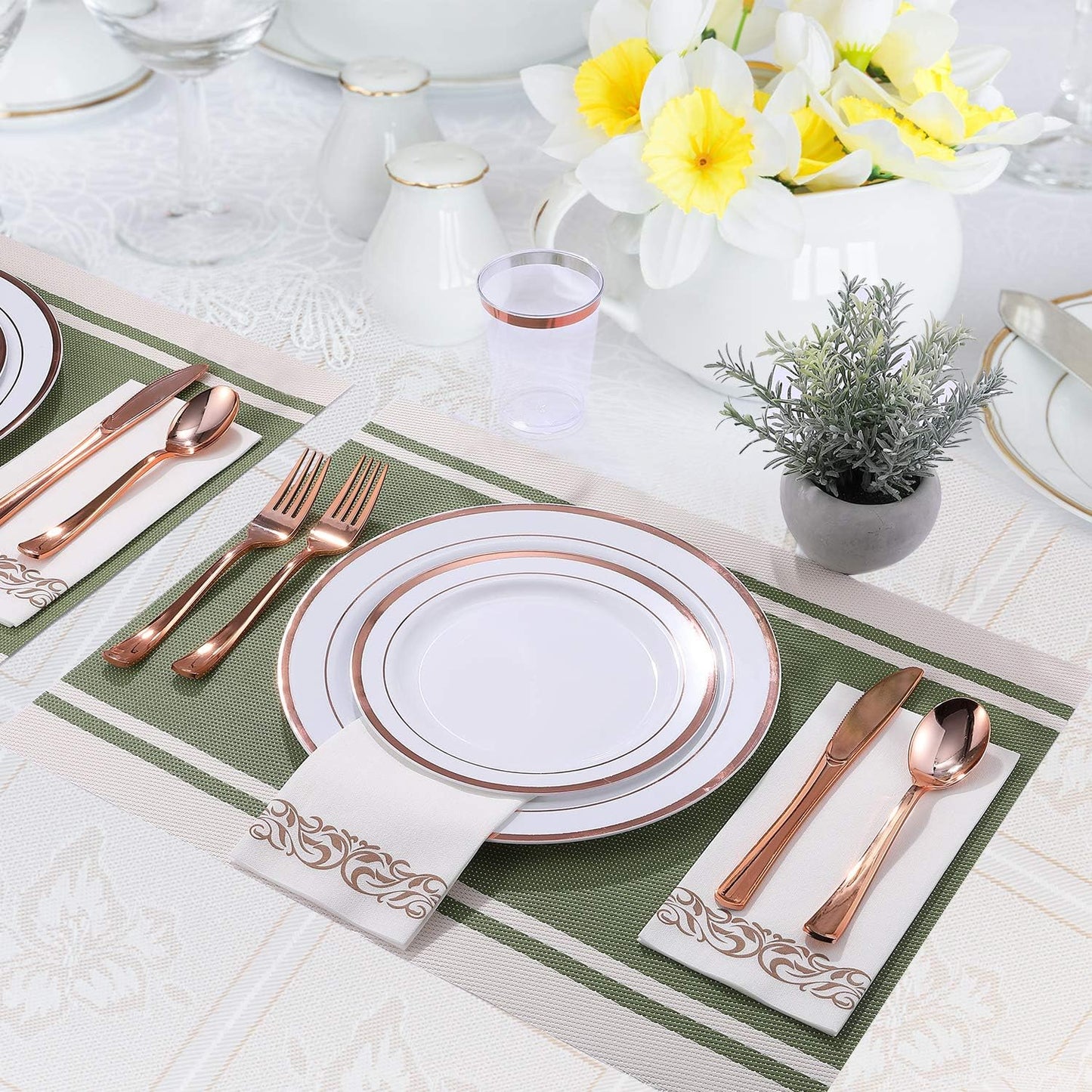 FOCUSLINE 350 Ct Disposable Dinnerware Set for 50 Guests -Heavy Duty Plastic Plates with Rose Gold Rim, Includes 50 Dinner & Salad Plates, Cups, Napkins, Cutlery Set