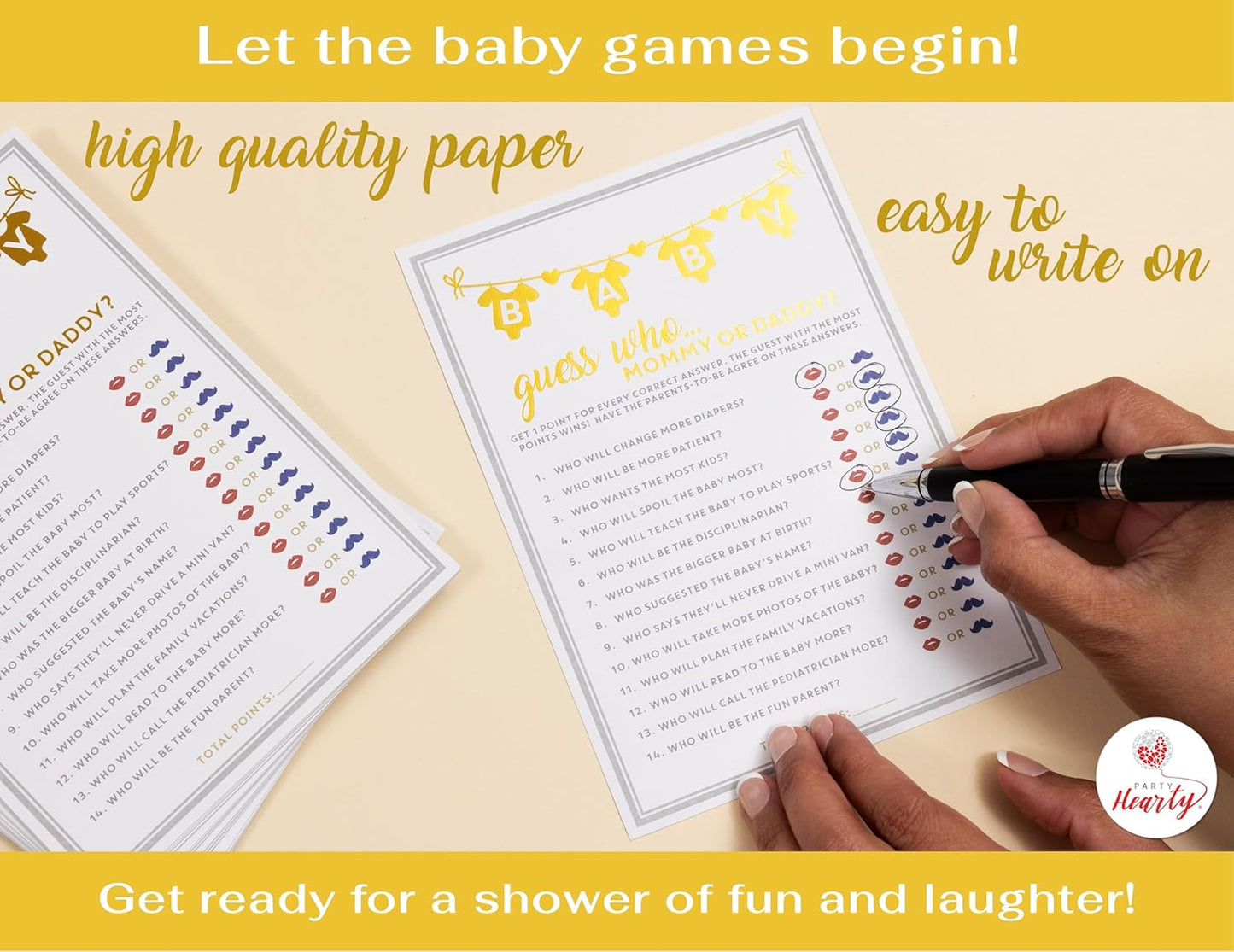 Party Hearty Baby Shower Games for Girl or Boy, 50 pcs Mommy or Daddy Guess Who Game, Fun Activity Cards, Gender Neutral, Ideas