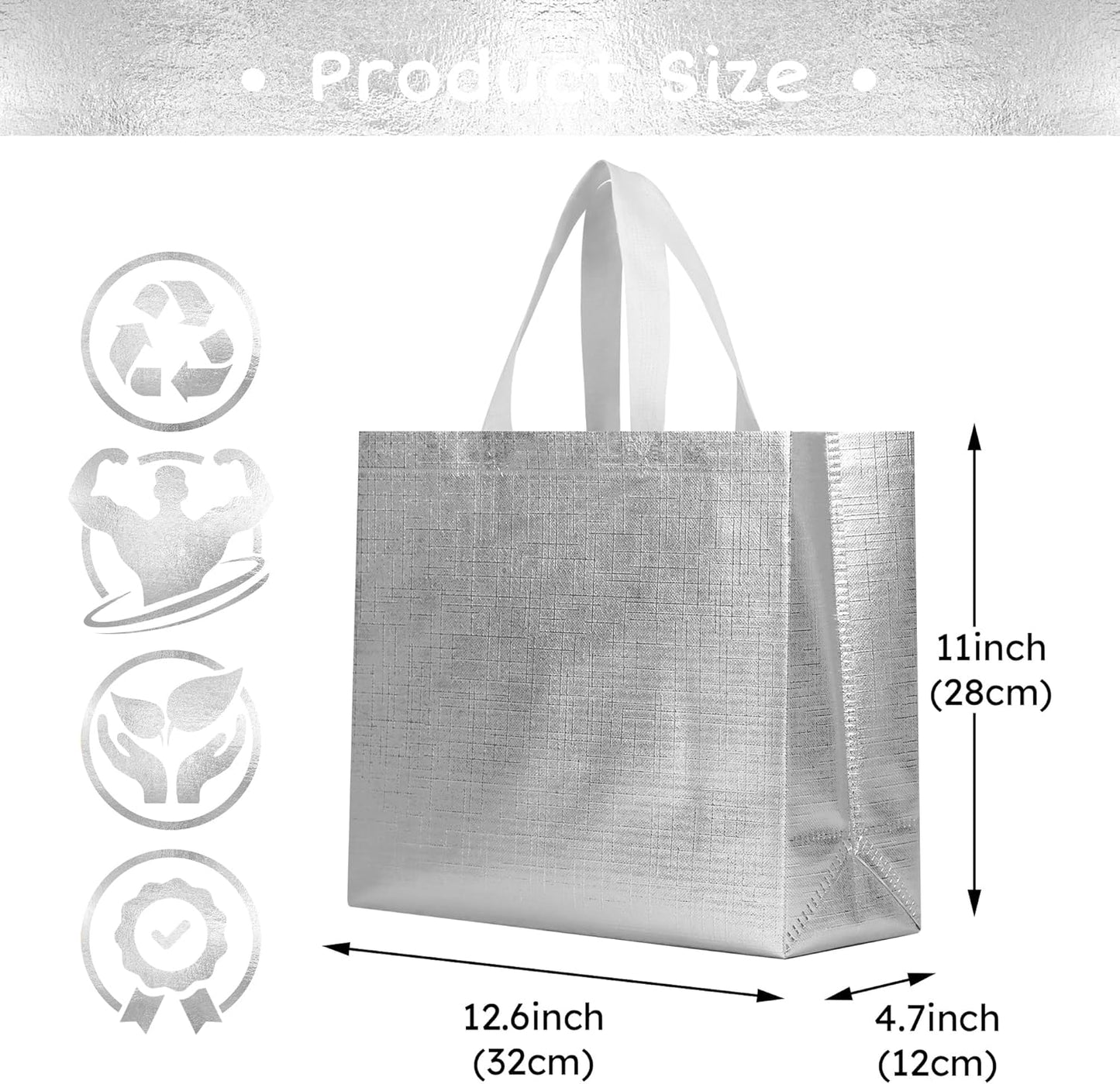 cabzymx 25 Pcs Silver Reusable Gift Bags with Metallic Design, Non-woven Gift Bag Bulk with Handles, Glossy Party Bags for Wrapping Gifts, Birthday, Wedding, Parties, Graduation-12.6x4.7x11 In