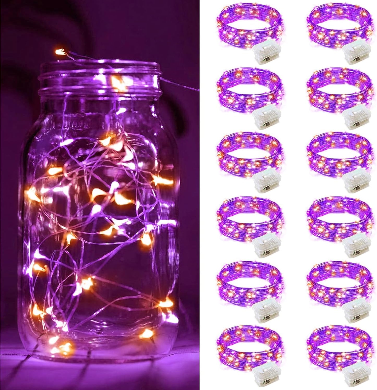 ZGWJ 12 Pack Fairy Lights Battery Operated, 7ft 20 Mini LED Fairy String Lights Silver Wire 3 Modes for DIY, Parties, Wedding, Bedroom, Halloween Christmas Decoration Orange& Purple