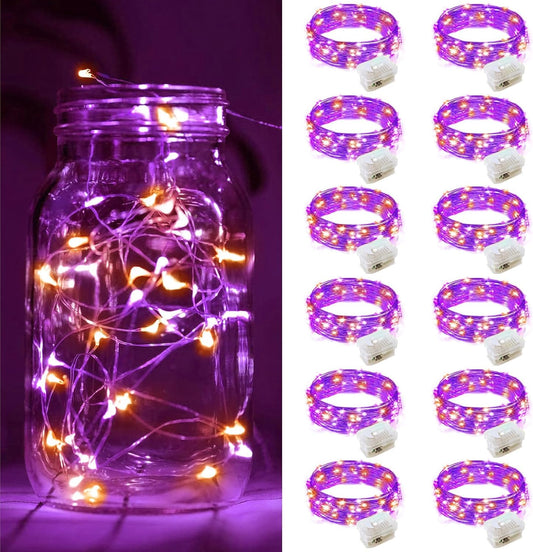 ZGWJ 12 Pack Fairy Lights Battery Operated, 7ft 20 Mini LED Fairy String Lights Silver Wire 3 Modes for DIY, Parties, Wedding, Bedroom, Halloween Christmas Decoration Orange& Purple