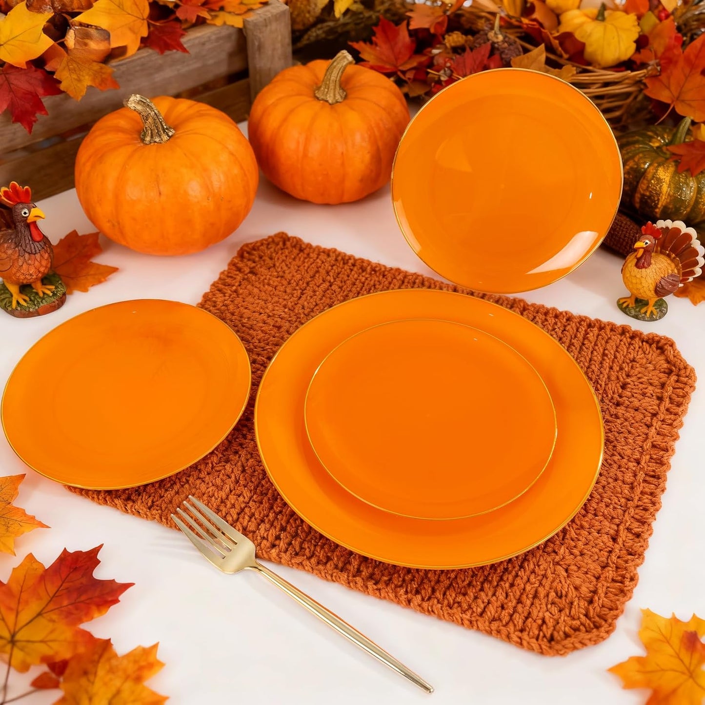 MirthMood 210PCS Orange Plastic Plates,Thanksgiving plastic Dinner Plates– Plastic Plates Set Includes 30 Dinner,30 Dessert Plate,30 Cup&50 Napkins, 30 orange Silverware for Wedding & Birthday Parties