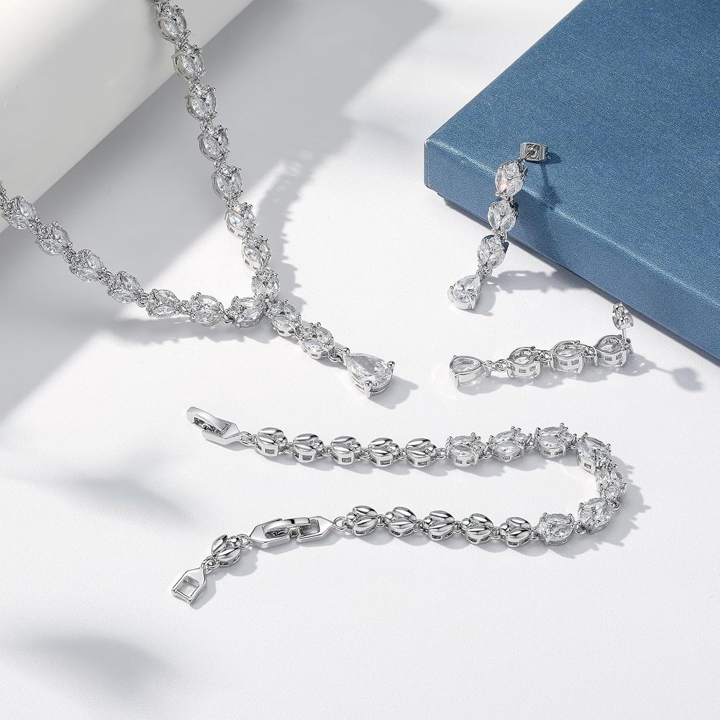 Hadskiss Jewelry Set for Women, Necklace Dangle Earrings Bracelet Set with White AAA Cubic Zirconia, Allergy Free Wedding Party Jewelry for Bridal Bridesmaid