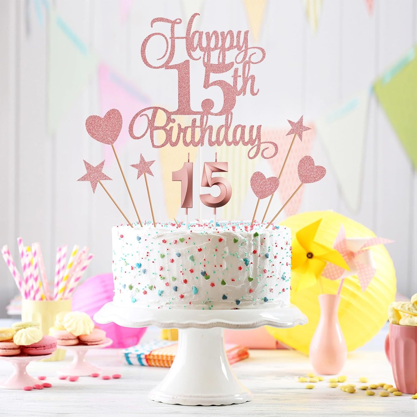 15th Birthday Cake Decorations, 15th Birthday Candles Cake Numeral Candles and Glitter Happy 15th Birthday Cake Toppers Set for Birthday Party Supplies (Rose Gold)