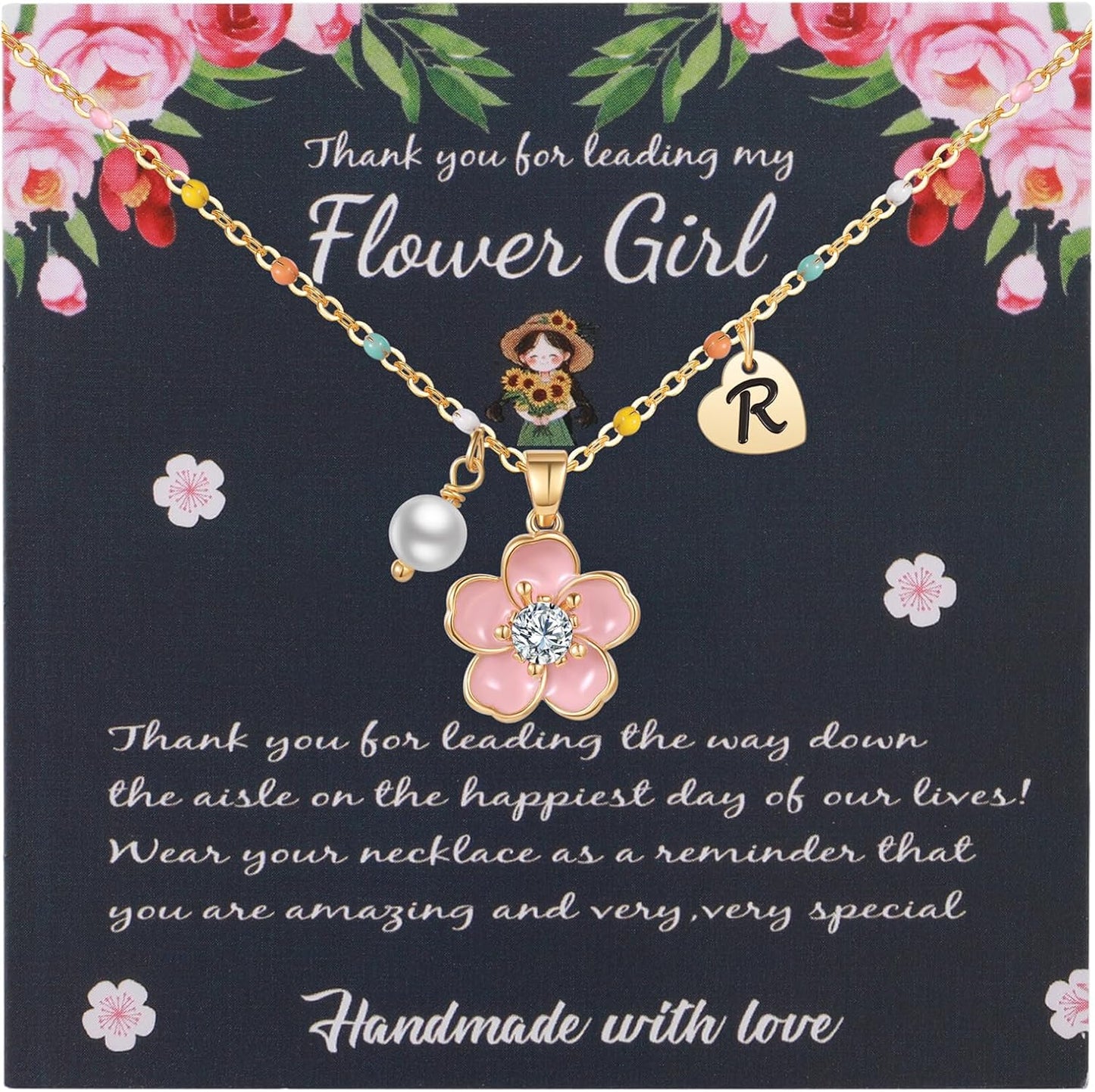 DS Flower Girl Necklace Gifts |Heart Initial Letter Flower Necklaces with Pearl Charm for Women | Personalized Wedding Proposal Bridal Shower Party Jewelry Gift | 18K Gold Plated Stainless Steel