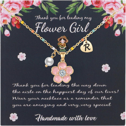 DS Flower Girl Necklace Gifts |Heart Initial Letter Flower Necklaces with Pearl Charm for Women | Personalized Wedding Proposal Bridal Shower Party Jewelry Gift | 18K Gold Plated Stainless Steel