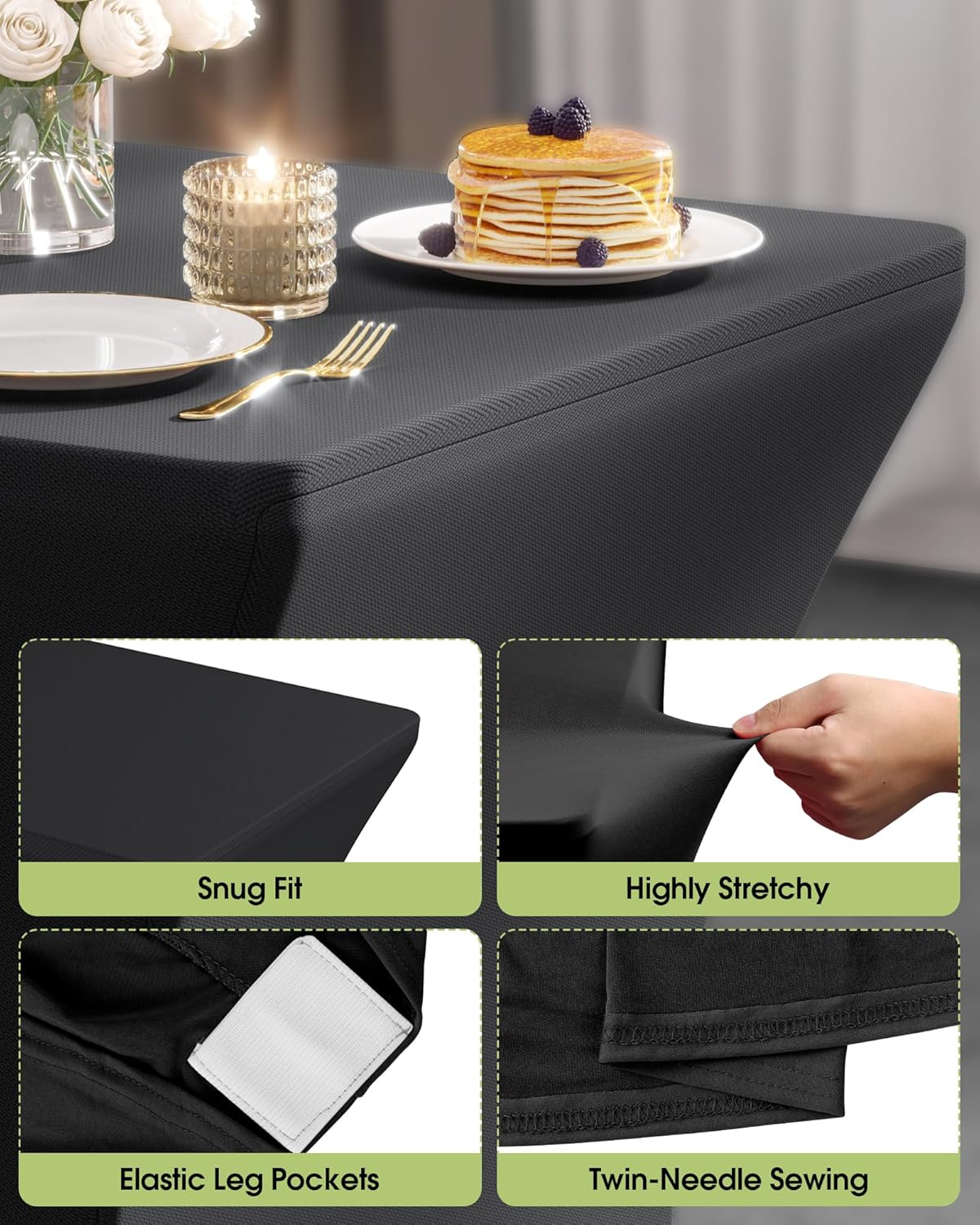 Pureegg Spandex Tablecloth 8ft - 6 Pack, Fitted and Stretch Table Cover for Rectangle Tables, Wrinkle-Resistant and Secure Fabric for Outdoor, Picnic, Party, Wedding, Banquet and Birthday, Black