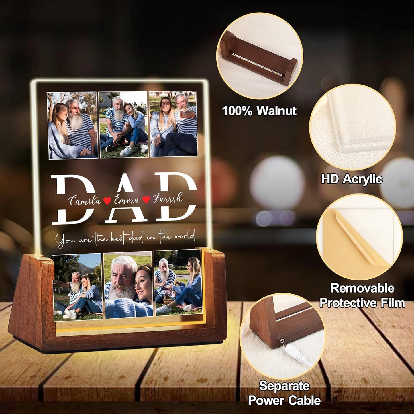 Personalized Fathers Day Birthday Gifts For Dad From Daughter Son Wife, Custom Acrylic Plaque Light Up Picture Frame With Photo Name, Customized Dad Gifts For Husband Men Papa Fathers Day Christmas