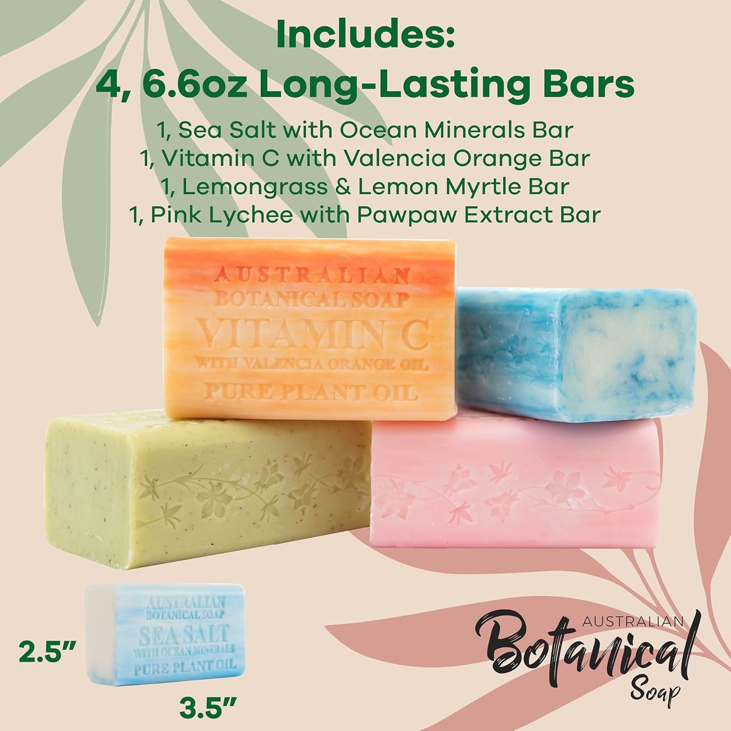 Australian Botanical Soap, Sea Salt, Lemongrass, Pink Lychee, Valencia Orange 6.6 OZ, Luxury Soap Bars Enriched with Shea Butter, Vegan Friendly Assorted Pack of 4