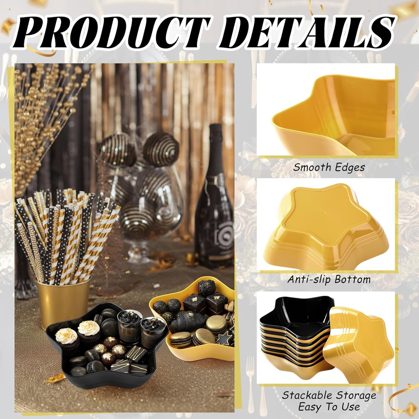 Honeydak 20 Pcs Black and Gold Star Shaped Plastic Bowls Star Dessert Plates Snack Salad Bowl Party Candy Bar Containers Serving Dishes for Chips Buffet Salad