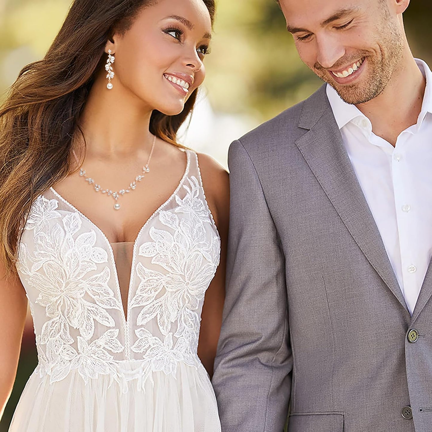 EleQueen Women's Simulated Pearl Wedding Jewelry Set, Cubic Zirconia Marquise Floral Bridal Necklace Earrings Bracelet Sets