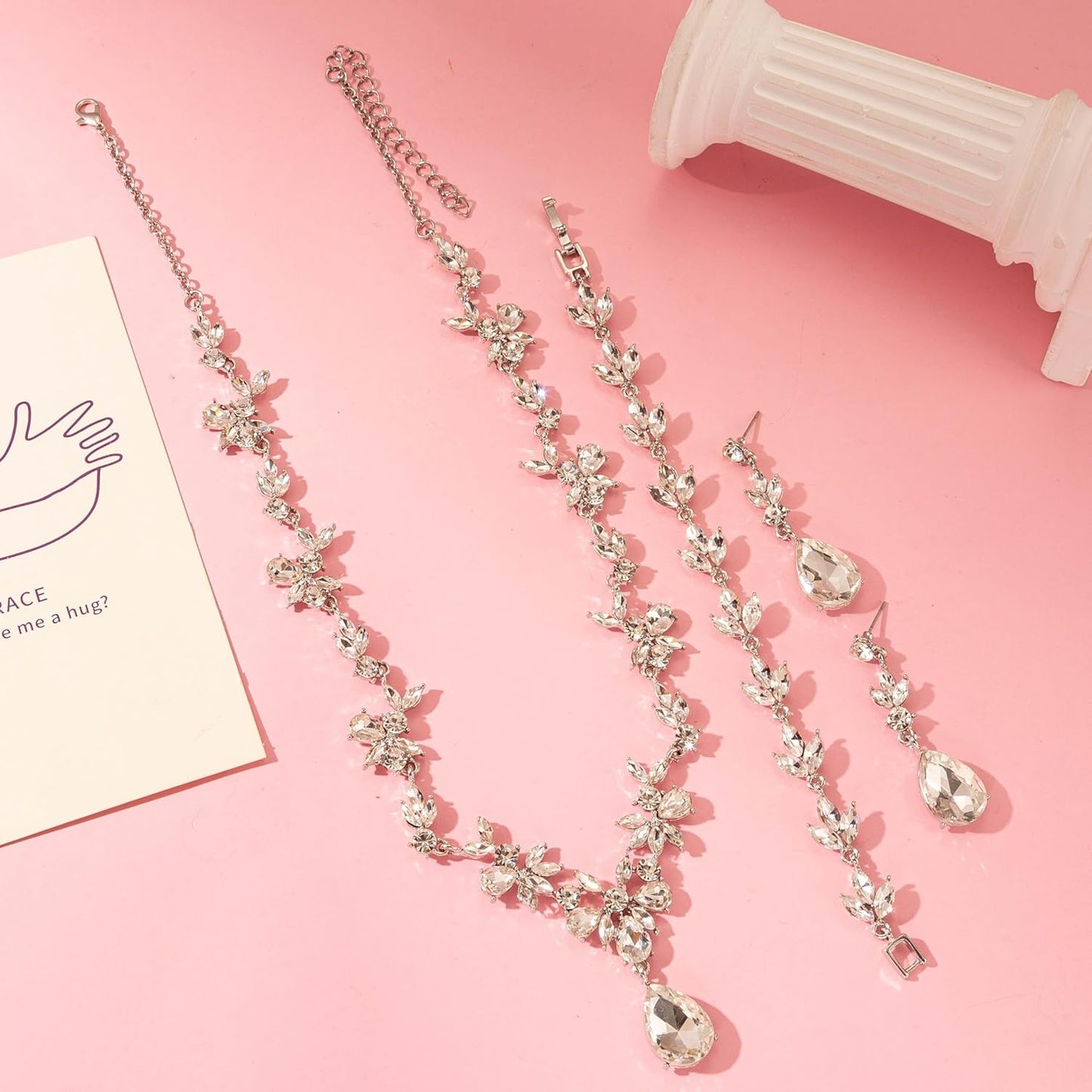 Bridal Wedding Elegant Floral Jewelry Set for Women/Brides/Bridesmaids Crystal Jewelry Set for Wedding Prom Party Bridal Crystal Necklace Earrings Bracelet Set