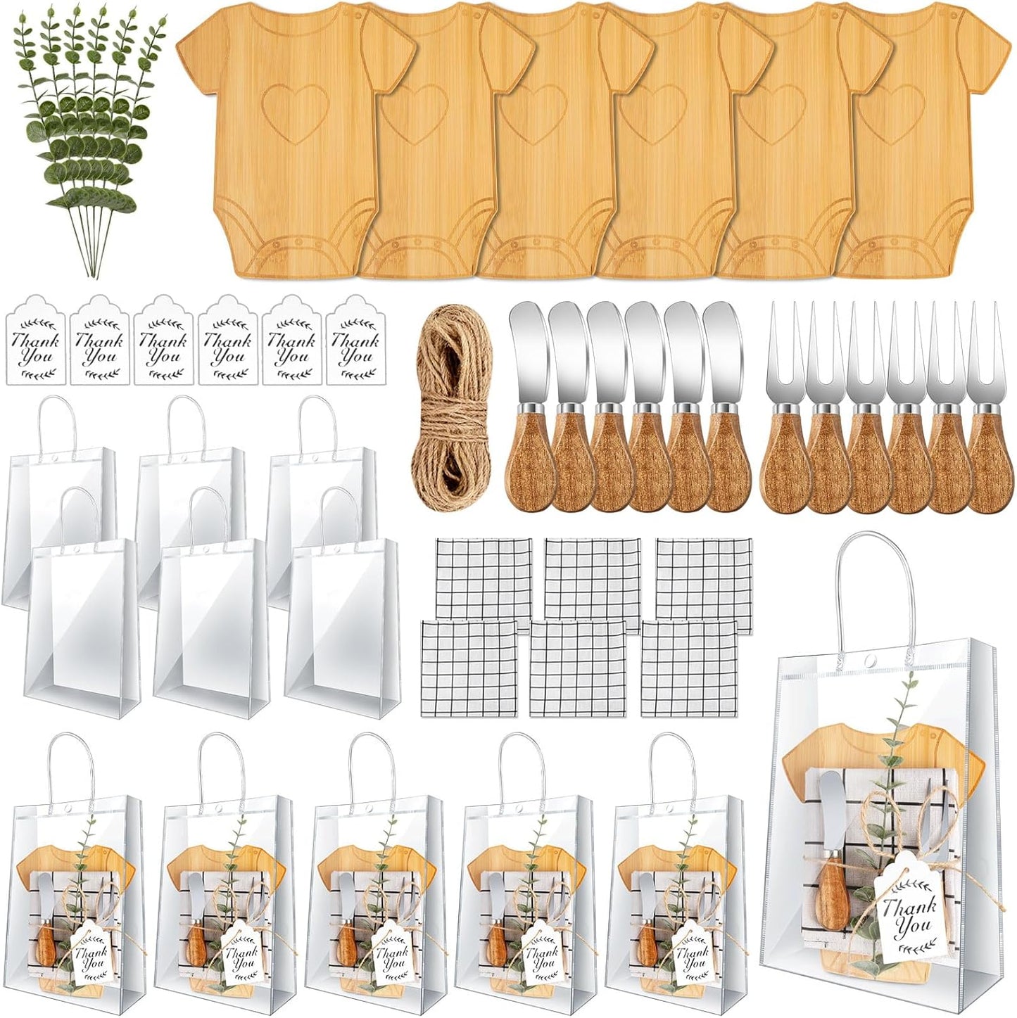 43 Pcs Baby Shower Game Prizes for Winners 6 Sets Baby Shower Prizes for Game Player with Bamboo Cheese Board Oak Knife Fork Placemats Artificial Eucalyptus Stems Tags Bags