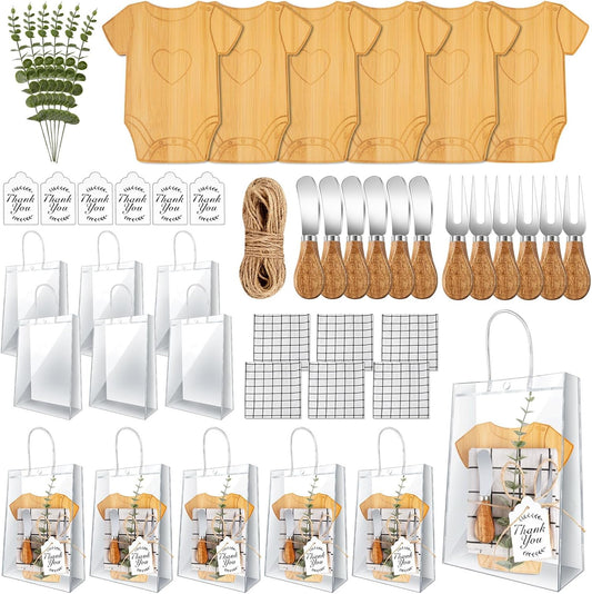 43 Pcs Baby Shower Game Prizes for Winners 6 Sets Baby Shower Prizes for Game Player with Bamboo Cheese Board Oak Knife Fork Placemats Artificial Eucalyptus Stems Tags Bags