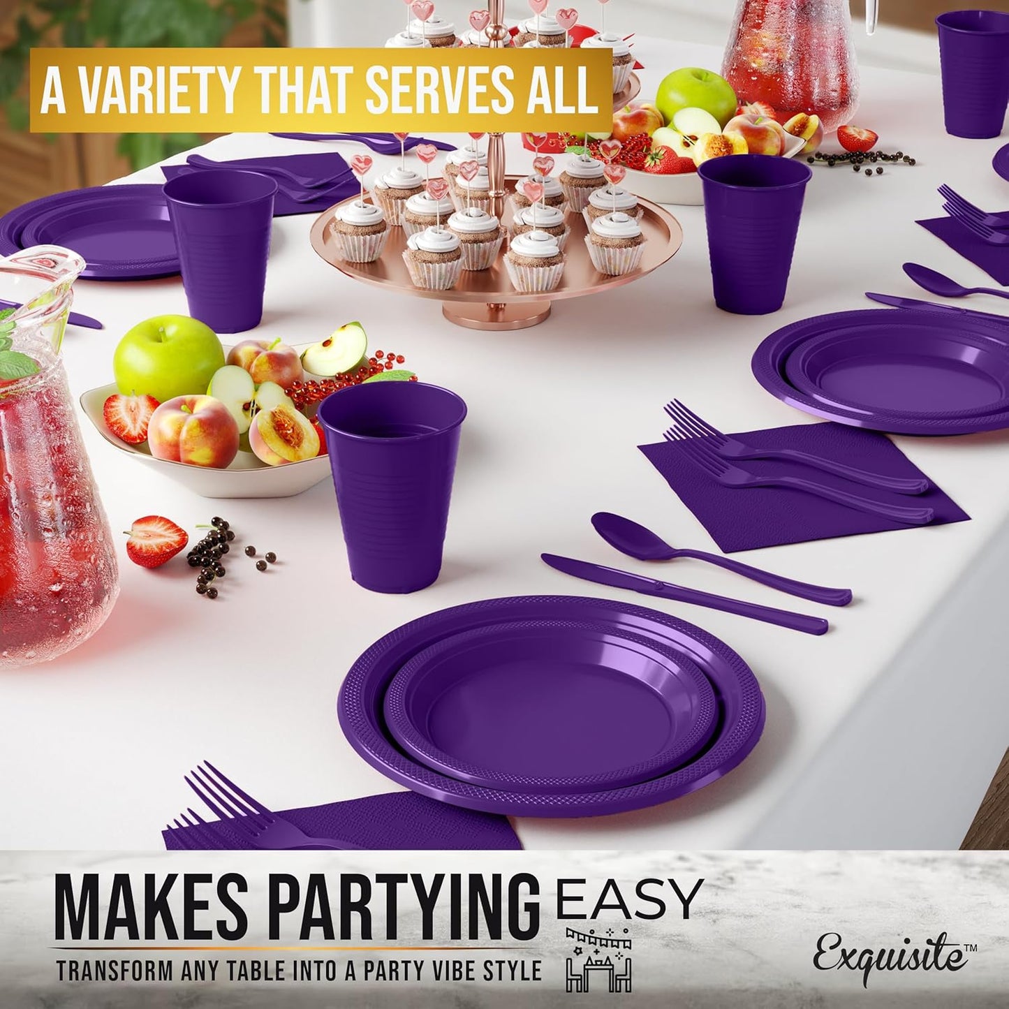 350 Pcs Purple Plastic Plates For Party, Purple Disposable Plates Set, 50 Of Each 9" Dinner Plate Set, 7" Dessert Plate, Cups, Napkins & Cutlery Plastic Dinnerware Exquisite