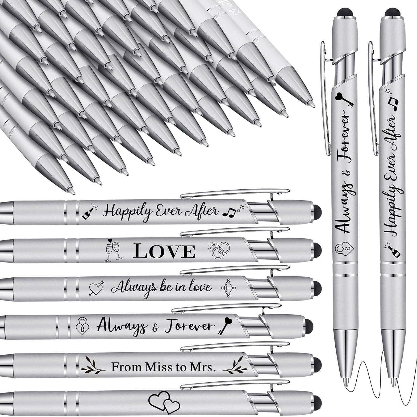 Kisston 36 Pcs Wedding Pens Bulk Bridal Shower Pens Favors Bachelorette 6 Styles Retractable Ballpoint Wedding Favors Supplies for Guest Game Office(Silvery)