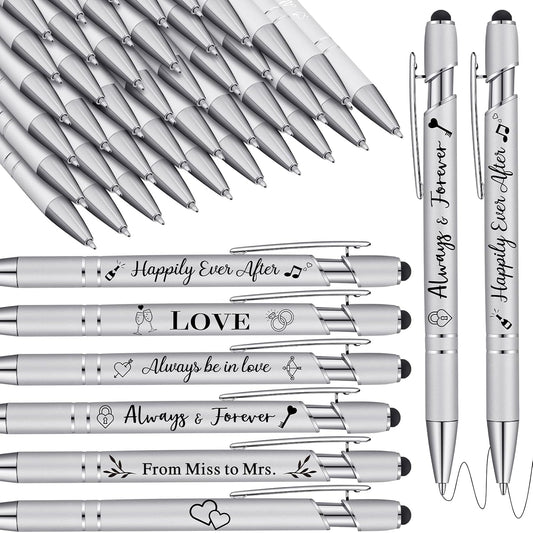 Kisston 36 Pcs Wedding Pens Bulk Bridal Shower Pens Favors Bachelorette 6 Styles Retractable Ballpoint Wedding Favors Supplies for Guest Game Office(Silvery)