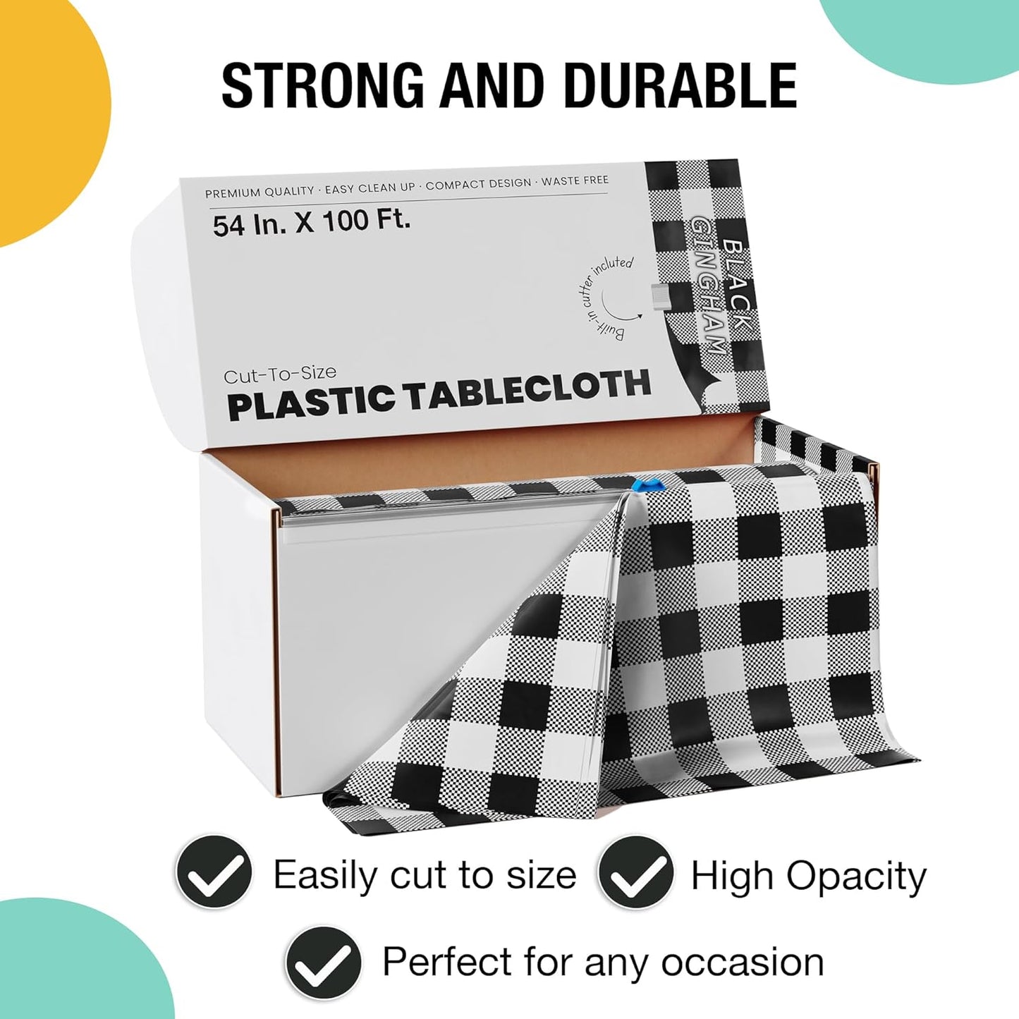 Party Solids 54 Inch X 100 Feet Black Gingham Plastic Table Cover Roll in A Cut - to - Size Box with Convenient Slide Cutter. Cuts Up to 12 Rectangle 8 Feet Plastic Disposable Tablecloths