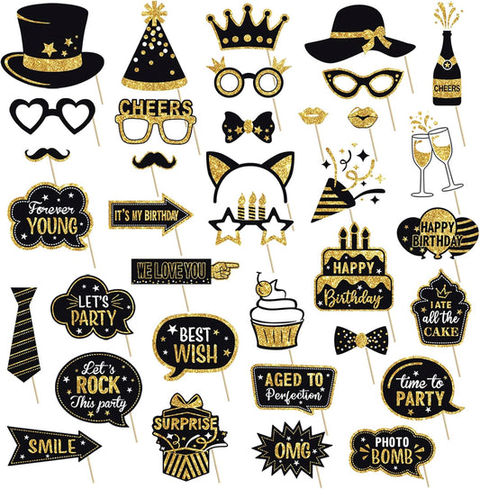 JOJO FLY 36 Pcs Birthday Photo Booth Props Kit, Black and Gold Party Favors, Happy Birthday Party Decorations, Photobooth Funny Cute Holiday Selfie Supplies