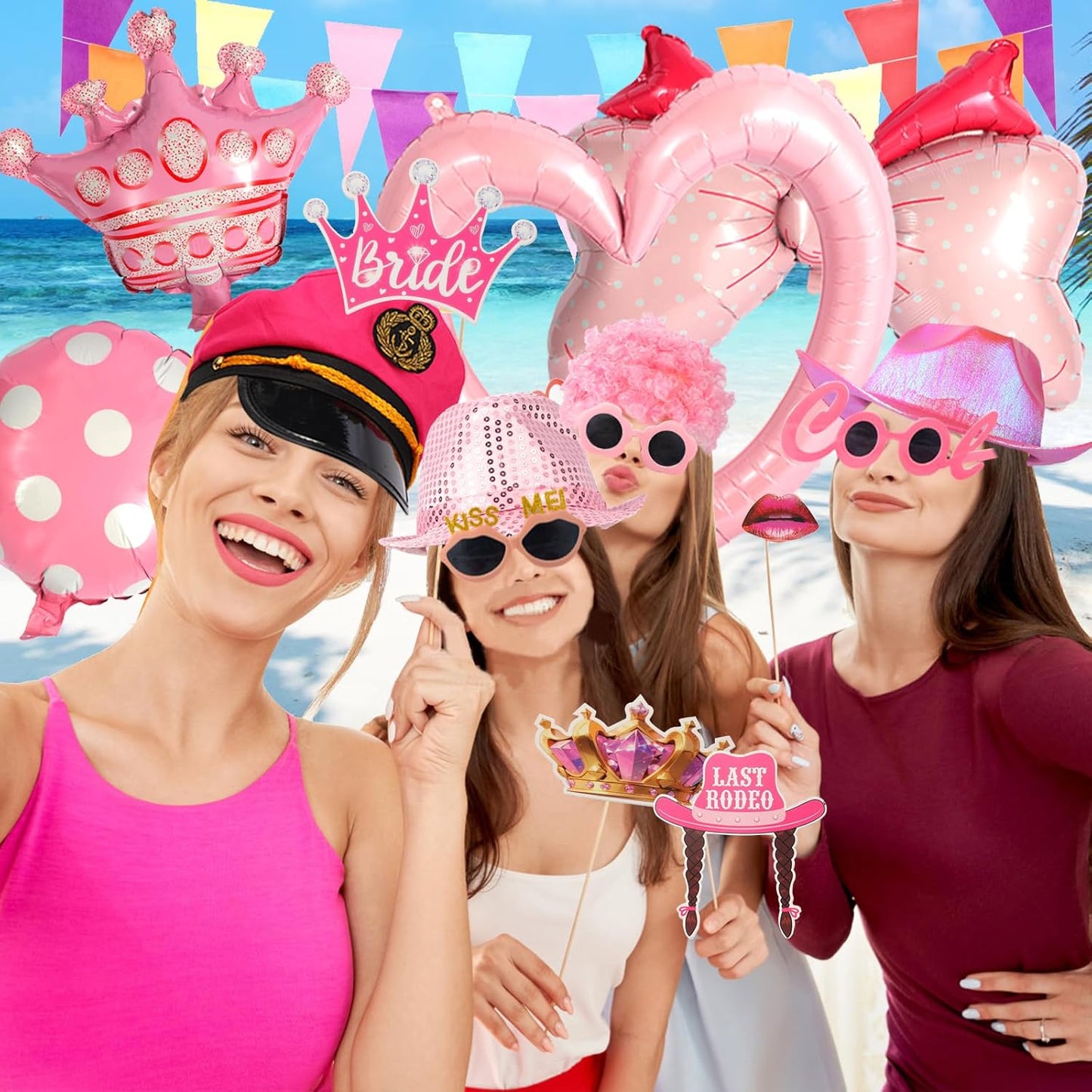 Bulk Premium Hot Pink Funny Photo Booth Props Set for Women, Cute Hot Pink Hats, Glasses, Wig, Inflatable Props, PhtotBooth Props Kit for Girls Bachelorette, Wedding, Bridal Shower and All Occasions
