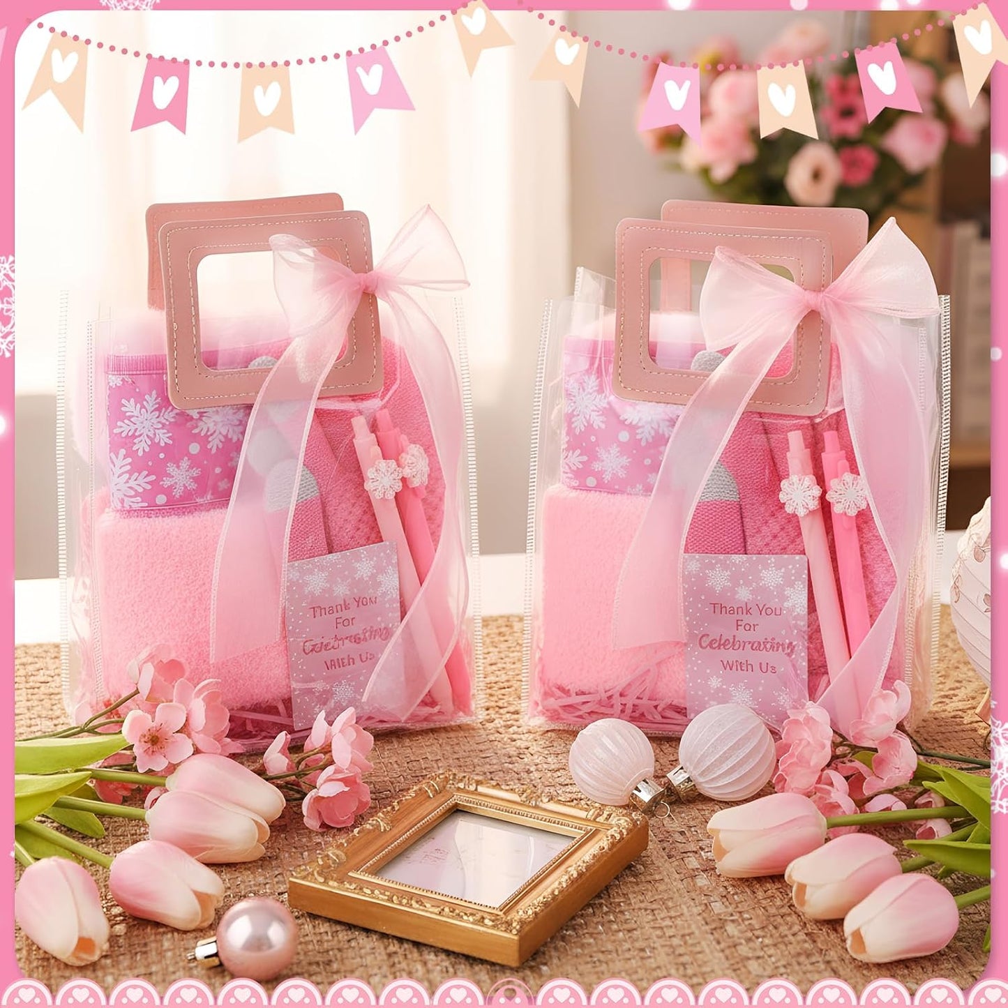 Shihanee 6 Sets Baby Shower Prizes for Game Wedding Bridal Shower Winners Favors Include Beanie Hat Touch Screen Gloves Fuzzy Socks Plush Sleep Eye Mask Cup Sleeves Ballpoint Pen Card Gift Bags(Pink)