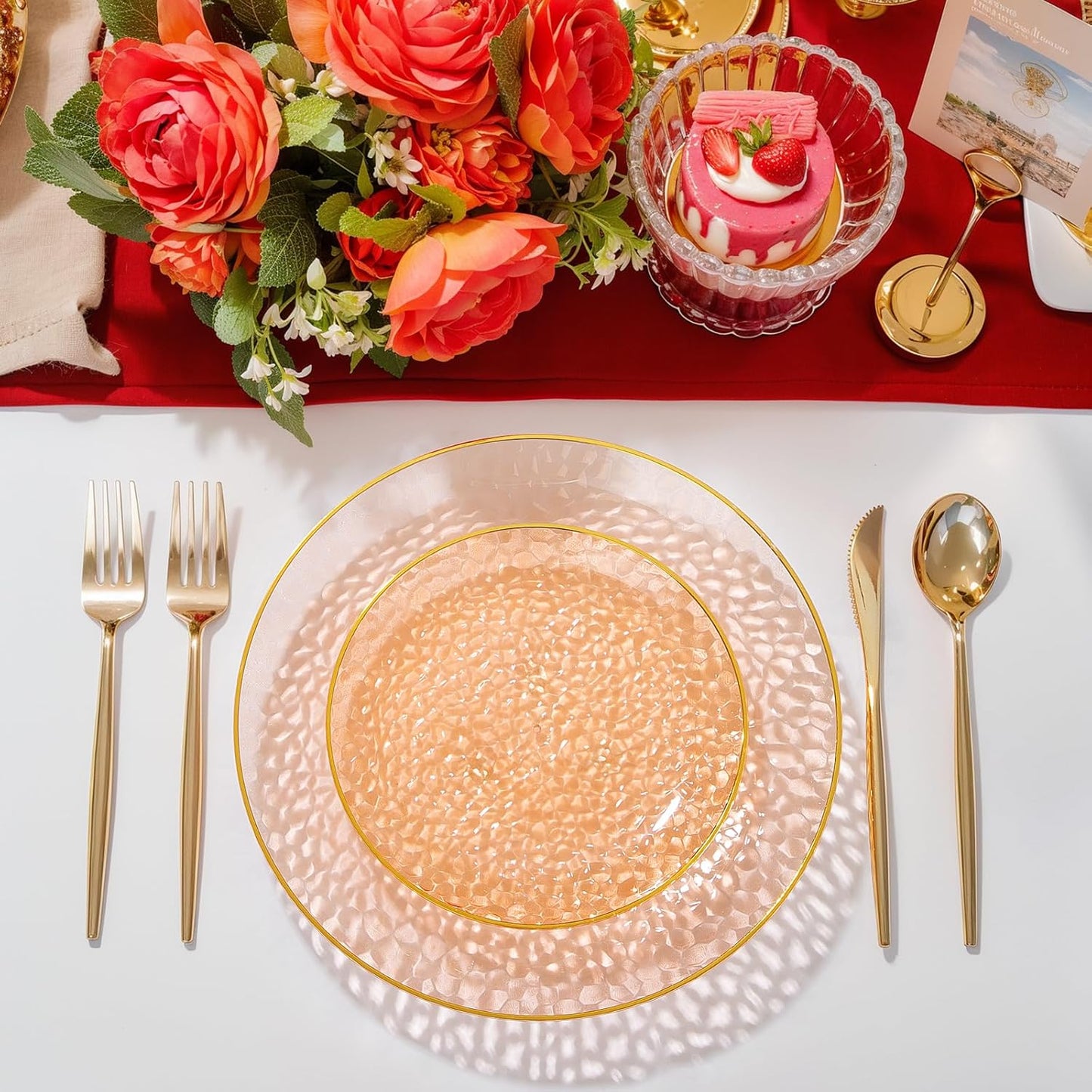 Rubtlamp 100Pcs Orange Plastic Plates, Orange Disposable Plates With Gold Rim, Hammered Plastic Plates Include 50 Dessert Platos, 50 Dinner Platos for Party