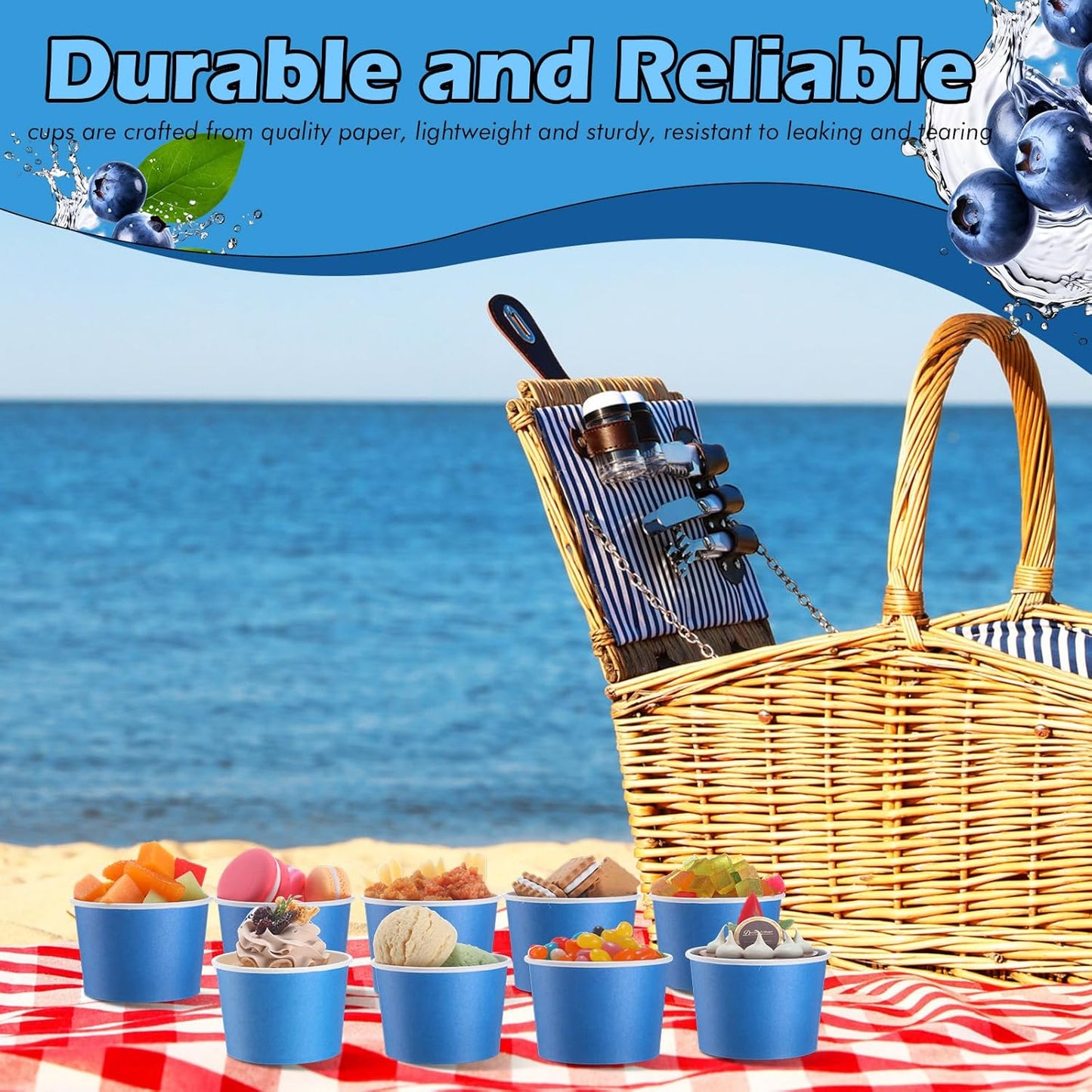 Paper Ice Cream Cups 9oz Colored Disposable Dessert Bowls for Hot or Cold Food Party Cups for Birthday Baby Shower Easter Party Supplies(Blue,60 Pcs)