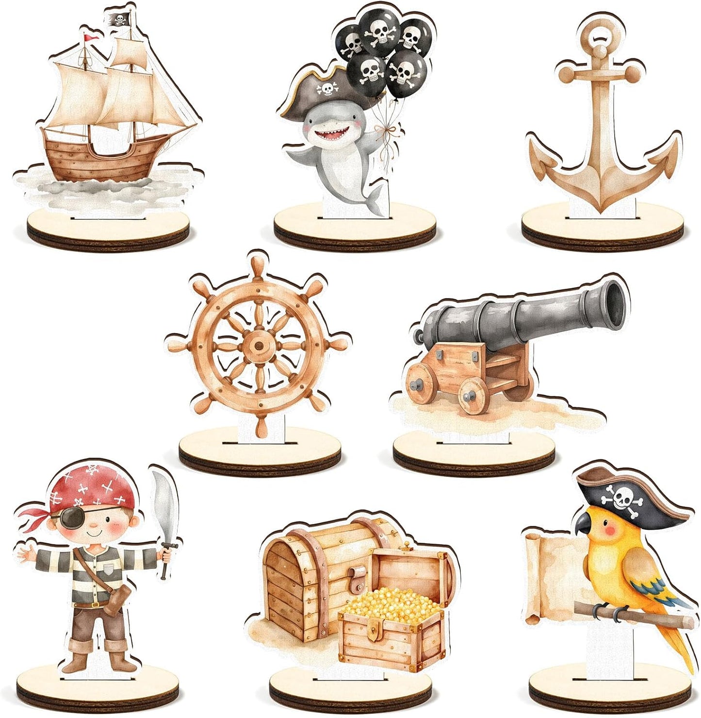16 Pcs Wooden Pirate Party Table Centerpiece Halloween Pirate Ship Captain Hat Parrot Treasure Map Skull Tabletop Detachable Sign Display Decoration Baby Shower Birthday Table Toppers Photo Props