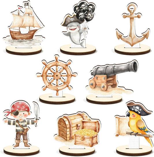 16 Pcs Wooden Pirate Party Table Centerpiece Halloween Pirate Ship Captain Hat Parrot Treasure Map Skull Tabletop Detachable Sign Display Decoration Baby Shower Birthday Table Toppers Photo Props