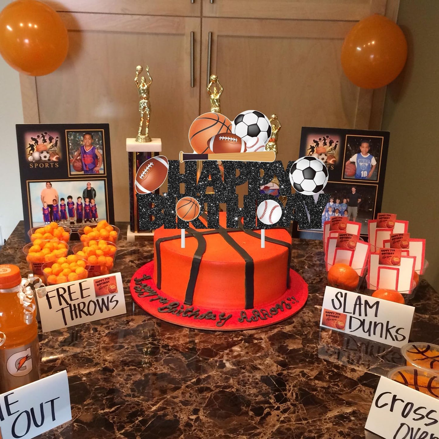 Sports Birthday Cake Toppers Baseball Cake Picks Glitter Black Football Soccer Ball Cake Decorations Rugby Basketball Birthday Decorations for Sports Balls Theme Boys Men Baby Shower Party Supplies