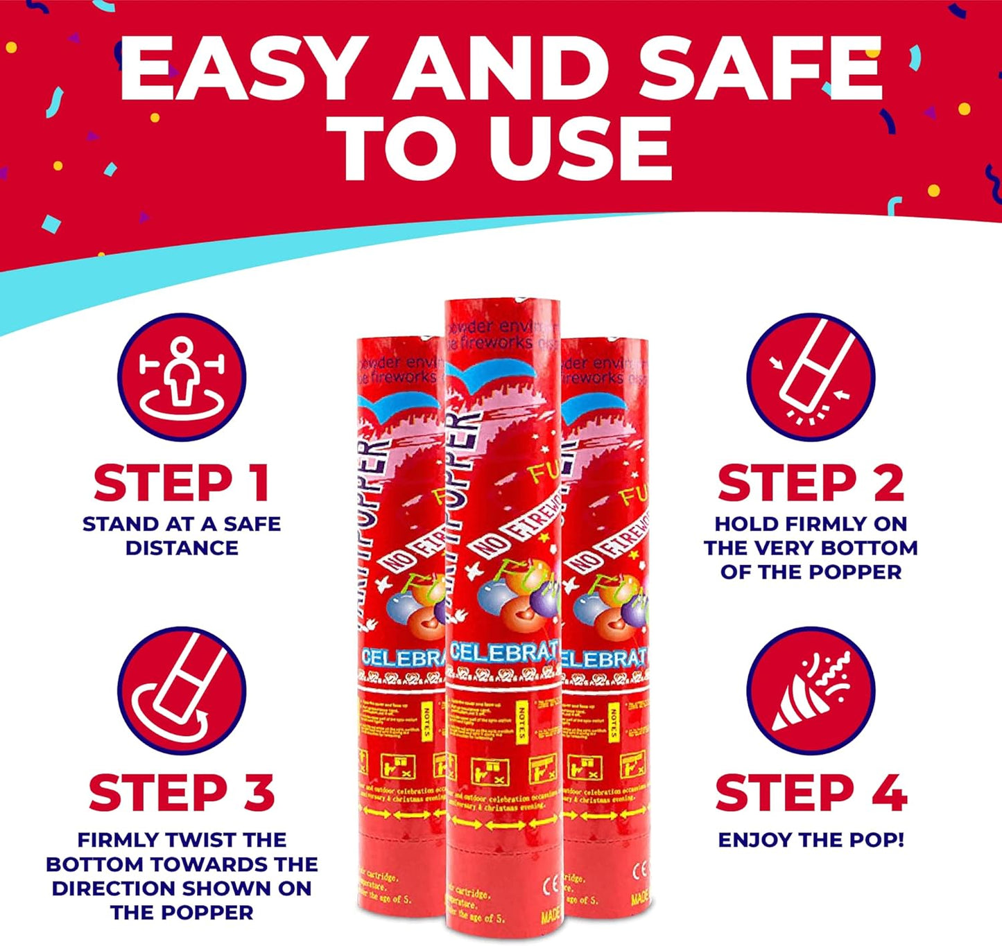 Toysery 12 Pack Confetti Cannons - Multicolor Compressed 12-inch Large Party Poppers for Birthdays, Weddings, Indoor or Outdoor Parties, Christmas Eve, and New Year Celebrations