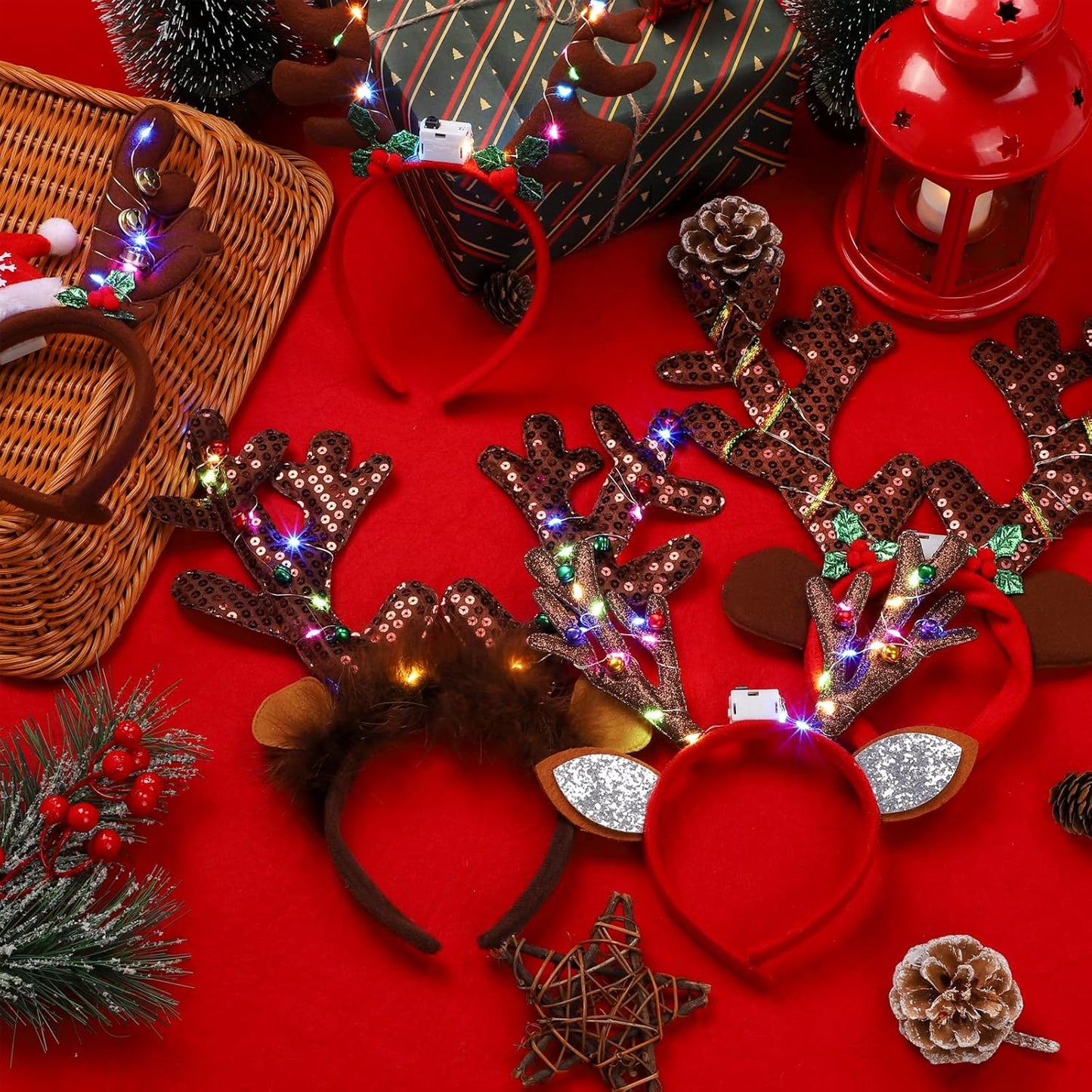 Fovths 6 Pack LED Christmas Headband Reindeer Antlers Headband Light up Antlers Headwear Reindeer Christmas Costume Accessories for Xmas Party Holiday Decorations