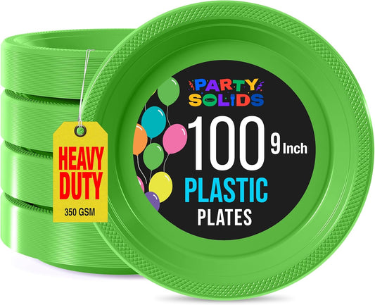Exquisite Party Solids Lime Green Plastic Plates For Party 9" Lime Green Disposable Plates Heavy Duty 100 Pcs Plastic Dinnerware Sets Heavy Duty 350 GSM Disposable Dinnerware Set