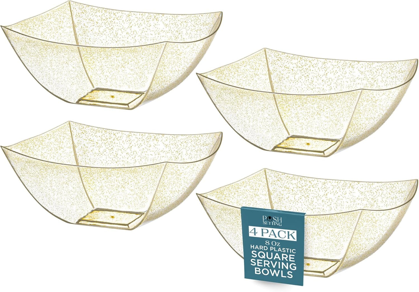 Posh Setting Gold Glitter Plastic Serving Bowls (8oz - 4 Pack) Square Disposable Containers for Party Table, Chips, Candy Buffet, and Salad
