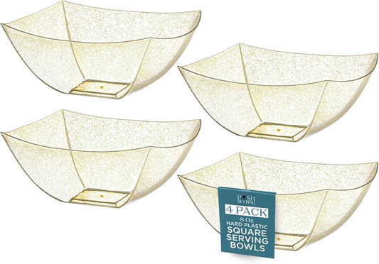Posh Setting Gold Glitter Plastic Serving Bowls (8oz - 4 Pack) Square Disposable Containers for Party Table, Chips, Candy Buffet, and Salad