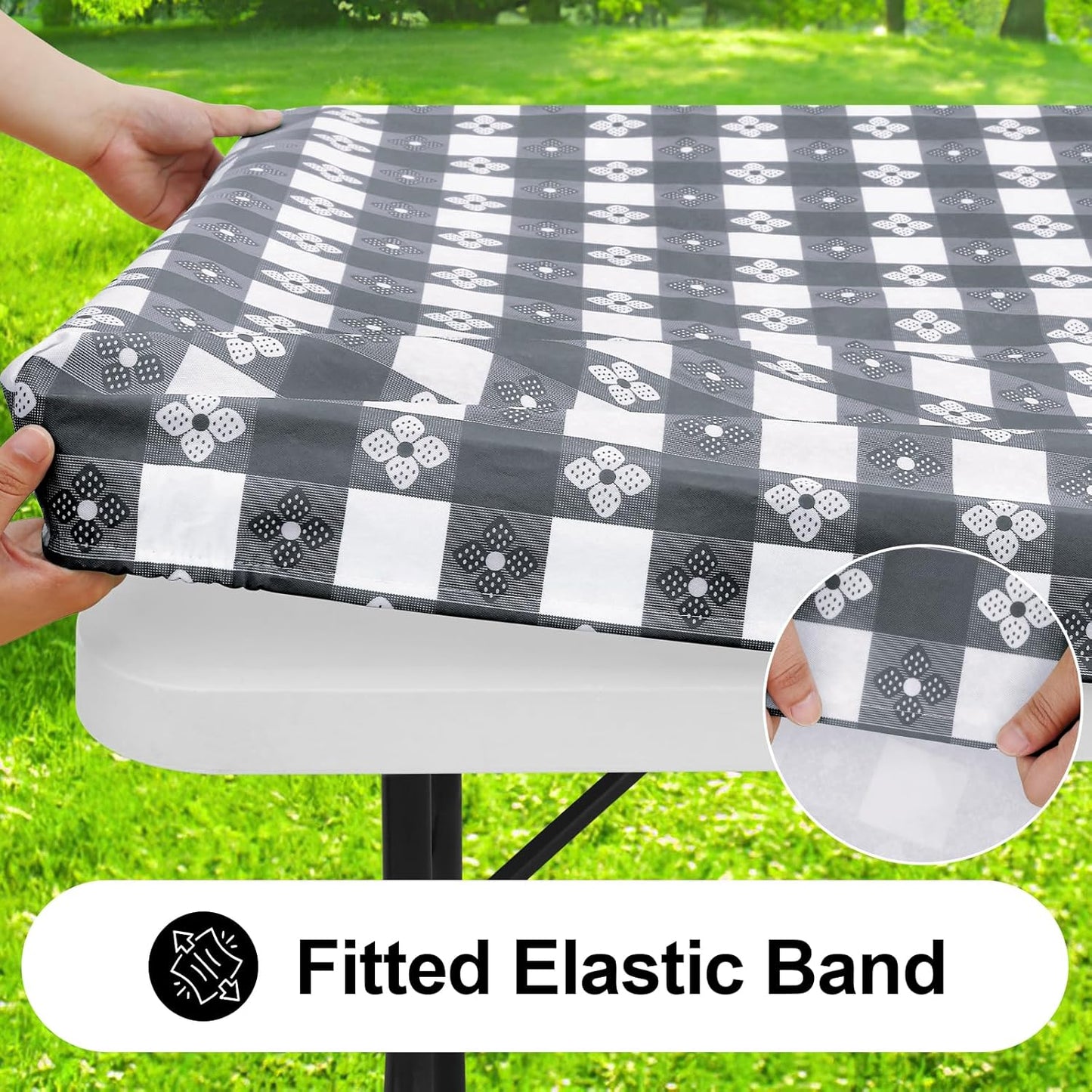 Rectangle Vinyl Table Cloth, Waterproof Elastic Fitted Tablecloth with Flannel Backing, Plastic Table Cover for Picnic, Camping, Outdoor (Grey & White, 30"x72")