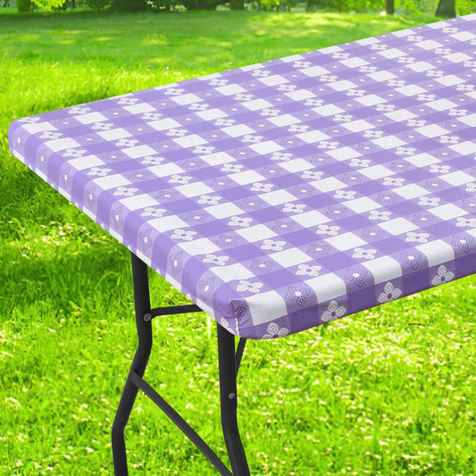 Rectangle Vinyl Table Cloth, Waterproof Elastic Fitted Tablecloth with Flannel Backing, Plastic Table Cover for Picnic, Camping, Outdoor (White & Lavender, 30"x60")