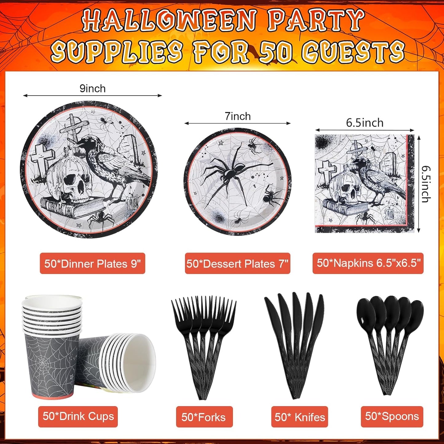Halloween Party Plates Supplies,Disposable Vintage Skull,Spider Web Tableware Paper Plates and Napkins Cups Knives Spoons Forks for Halloween Birthday Baby Shower Party Decorations,Serve 50 Guests