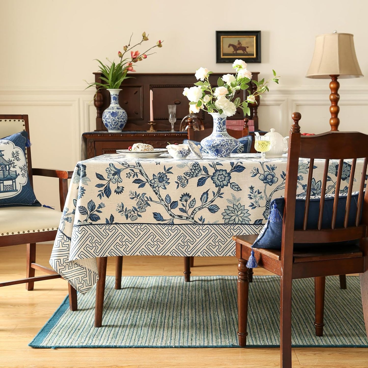 Vintage Blue and White Small Square Tablecloth,French Linen Floral Wrinkle Free Tablecloths,Decorative Table Cover for Kitchen,Dining,Tea Party,Thanksgiving,Christmas,55"*55"-Suqing