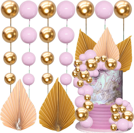 Ephlyn 28Pcs Paper Palm Fan Cake Topper Balls Cake Pick Decoration for Baby Shower Wedding Bridal Shower Birthday Party DIY Cake Decorations Supplies Pink Gold